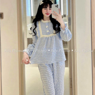 Sét Bộ Pyjama Dài kẻ Tiểu Thư Phối Ren Siêu Hót ạ hottrend