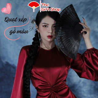 Quạt xếp gỗ cổ trang đa màu sắc, quạt cầm tay