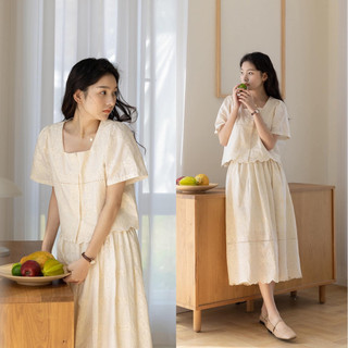 Set váy tiểu thư ren thêu màu kem SET965
