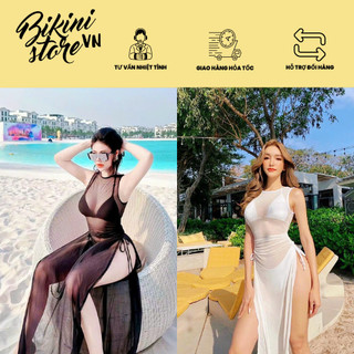 BikiniStoreVn : Áo Lưới bikini đi biển AL10 - Coverbeach trắng đen - Áo lưới sát nách dáng dài