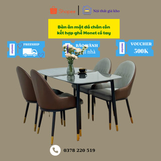 Bộ Bàn ăn mặt đá ceramic bóng kết hợp cùng ghế Monet có tay bọc núm vàng