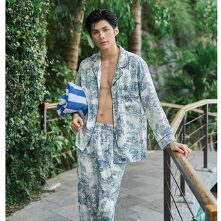 1404 bộ ngủ nam lụa satin pyjama dáng dài họa tiết tranh xanh / n0001