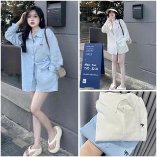 Set bộ sơmi thô áo sơ mi tay dài kèm quần short lưng chun thêu nơ hot, set bộ đồ nữ sơmi kèm quần đùi trendy