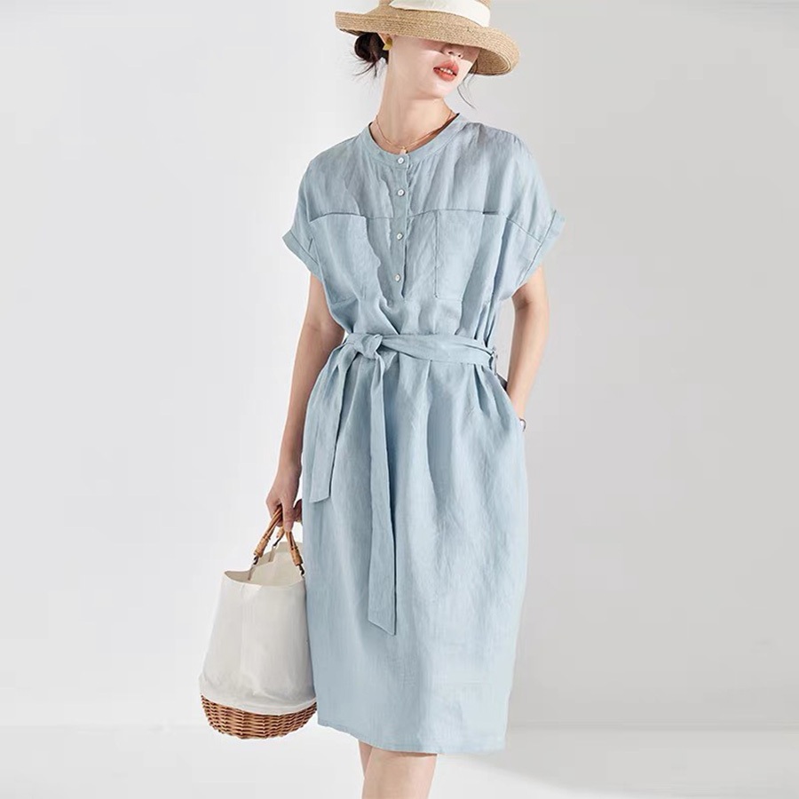 Đầm suông công sở cổ tầu tay cánh rơi hai túi ộp SLINEN, chất vải Linen bột Premium, form váy suông 