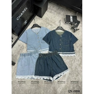 Bộ đồ nữ mua hè, sét sơmi quần đùi jean phối ren B74 cao cấp