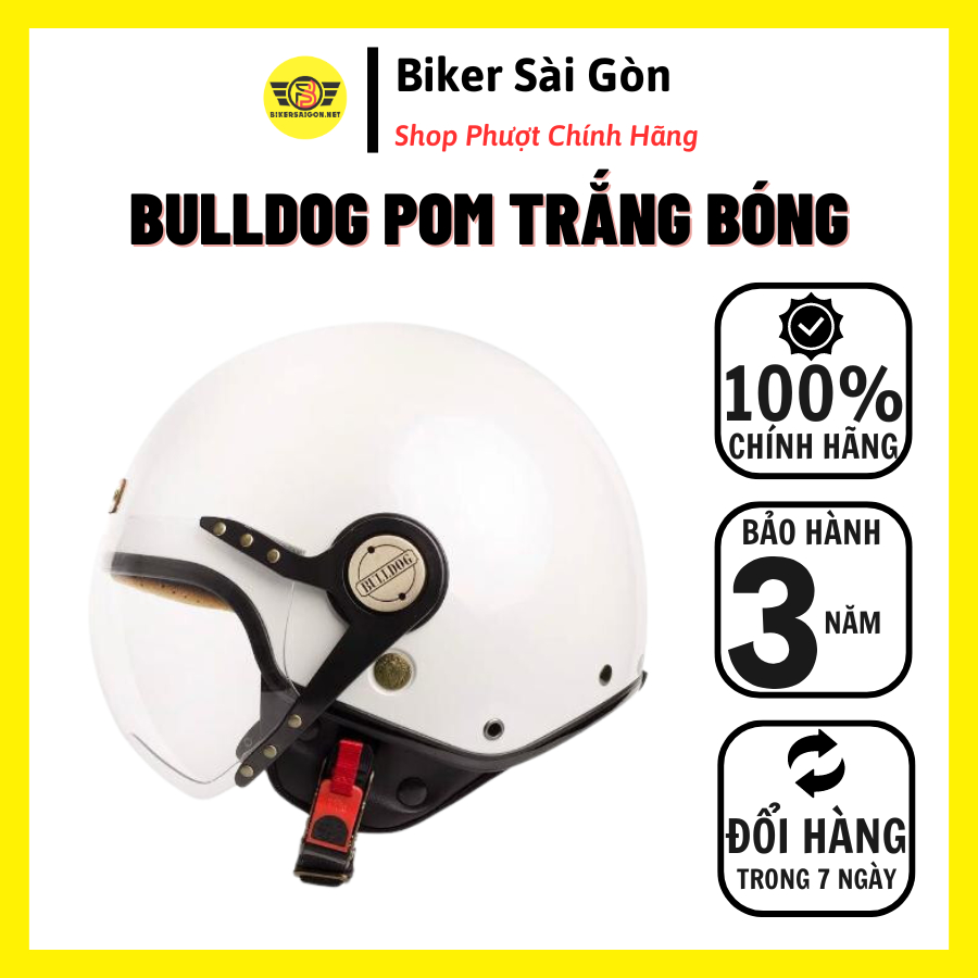 MŨ BẢO HIỂM 3/4 BULLDOG POM TRẮNG BÓNG [BULLDOG CHÍNH HÃNG - BH 3 NĂM] - BikerSaiGon