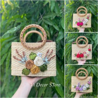 Túi Cói Thuyền Đan Lục Bình Quai Mây Thêu Hoa RUYBANG - SIZE 23  - CÓ DÂY DA MANG CHÉO - Túi Xách Nữ Đi Chơi Đi Tiệc