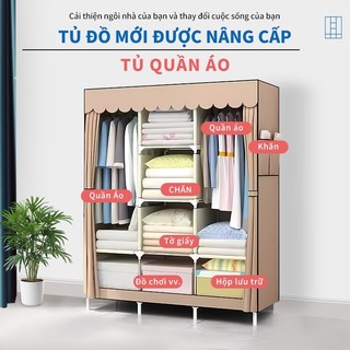 Tủ quần áo tủ vải khung inox tủ đựng quần áo vải khung thép 3d áo 2 buồng 4 ngăn tủ treo quần áo
