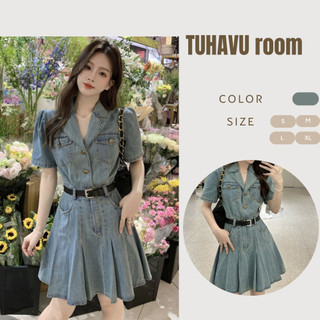 Váy đầm xanh denim ngắn xếp ly cổ polo kèm thắt lưng