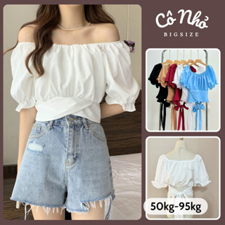 Áo Kiểu Bigsize Nữ Dáng Áo Croptop Trễ Vai Tay Ngắn Phồng Buộc Nơ Lưng Sang Chảnh AT9