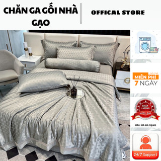 Bộ chăn ga gối phi lụa vân chìm chăn trần bông lucxury 5 món