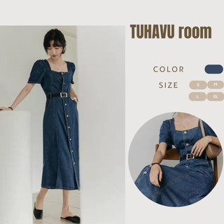 Váy bò nữ,đầm denim dáng dài kèm đai thắt siêu xinh phong cách hàn quốc Tuhavu Room