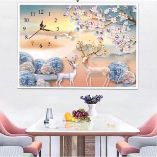 Tranh đính đá Đồng Hồ , Hươu tài lộc - VS491 (75x55cm) , tranh chưa đính đá