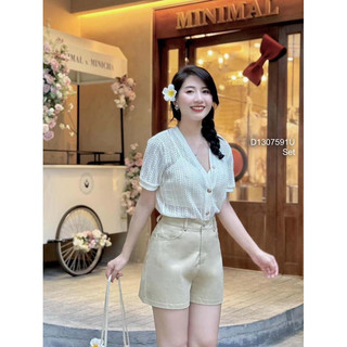 Set bộ áo ren cổ tim kèm lót phối quần short kaki sang trọng VIENS STORE
