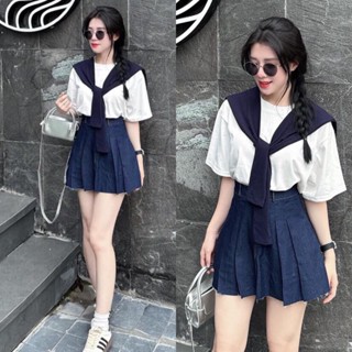 [Hàng Shop]: Sét Áo Phông Trắng Kèm Khăn Buộc Cổ Mix Chân Váy Bò Xếp Ly Có Lót Đùi Lollaye