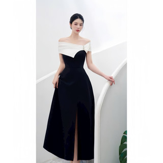 Váy Dự Tiệc TRỄ VAI ĐEN PHỐI TAY TRẮNG DÁNG DÀI Đính Dây Đá Chất Kaki Hàn Mịn Đứng From xoè Nhẹ Xẻ Tà Lót Đúp - XS178