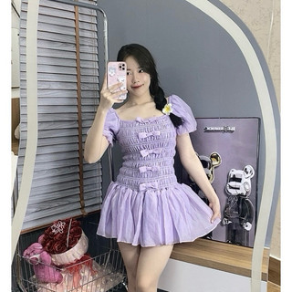Đầm Nữ Cổ Vuông Tay Phồng Đính Nhiều Nơ Xinh Dáng Ngắn Chất Tơ Đũi 4G180105