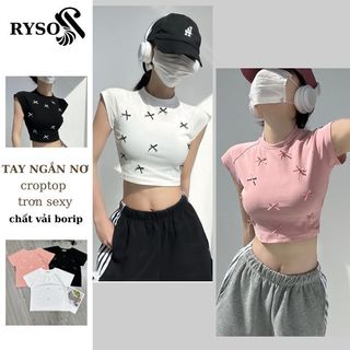 Áo Thun Croptop Ôm Body Nữ Đính Nơ Cổ Tròn Tay Ngắn, Áo Kiểu Croptop Trơn Sexy RYSO FASHION