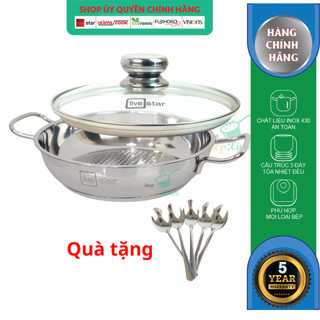Nồi lẩu inox caro 3 đáy từ inox 430 Fivestar nắp kính ( 24 cm ), tặng 5 muỗng ăn - dùng được mọi bếp
