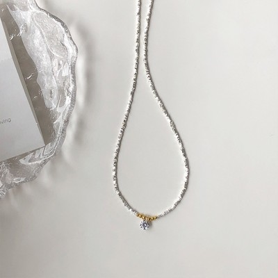Dây chuyền bạc nữ TLEE hạt bạc vỡ mix charm bi vàng treo hạt đá 8mm sáng TLEEJEWELRY D0304