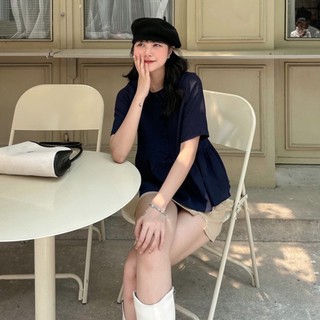 Áo sơ mi nữ tay lửng, áo sơ mi kiểu babydoll nút bọc by Cimie Closet