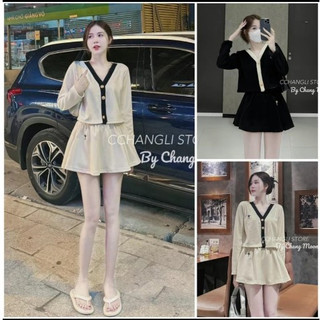 Set chân váy nữ dáng xòe có lót quần trong mix áo thun tăm dày dặn 2 màu kẻ viền xinh xắn, đáng yêu [ln]