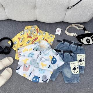  Set áo sơ mi in hình cute ngộ nghĩnh phối quần bò ngố jean rách kèm đai lưng cho bé 8-30kg DH65