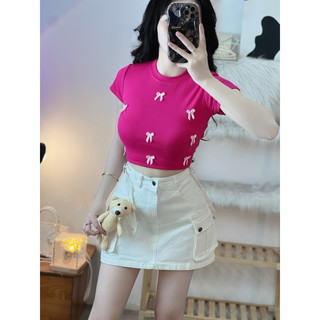 Áo croptop tay ngắn bozip đính nhiều nơ lên áo u