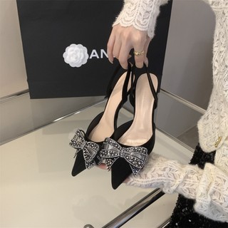 Giày sandal cao 7cm bít mũi da lụa đính nơ xoàn đá phale trong suốt lấp lánh đi tiệc cô dâu ngày cưới đẹp mã 056