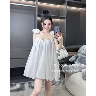 Đầm Dập Ly 2 Dây Kết Hoa Hồng Trên Vai Phối Tà Siêu Sang By Nana