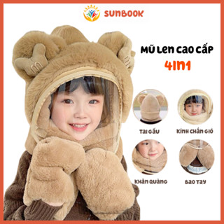 Mũ Len Trùm Đầu Có Kính Chắn Gió Kèm Khăn Quàng Cổ Và Găng Tay Cho Bé, Nón Len Lông Cừu Cho Bé