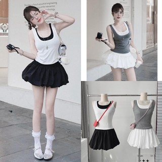 Set Áo Ba Lỗ Cotton Zip Phối Cổ 2 Lớp Mix Chân Váy Bí Siu Bồng (Ảnh Thật Trải Sàn) Lollaye