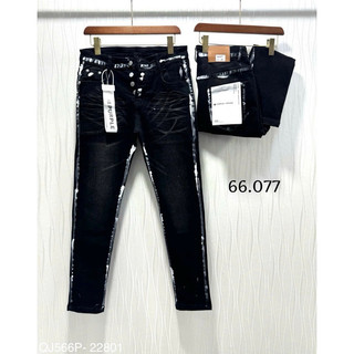 Quần jean bò nam slimfit pủuple đen trơn hoạ tiết in sơn dọc sơn trắng viền treo mác vải cạp quần gim mác vải sau mông