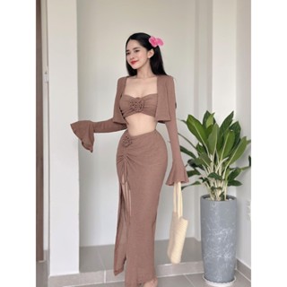 SET XỐP Ô 3 MÓN: ÁO KHOÁC TAY LOE + ÁO BRA 2 DÂY CÚP MÚT NGỰC ĐÍNH HOA + CHÂN VÁY MIDI XẺ TÀ RÚT DÂY 2 MÀU (TH)