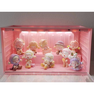 Hộp container hồng đèn led-hộp cont nội địa Trung    kệ blind box đựng đồ  trong suốt- kệ để bàn, hộp trưng bày Pop Mart