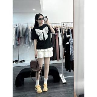 METWO. - Set áo phông đính nơ ren to kèm chân váy ngắn xoè bèo tầng cạp chun có lót ulzzang tiểu thư Hàn Quốc #8871