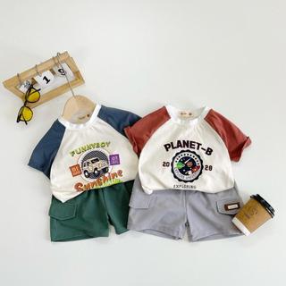  Set quần áo thun cộc tay chất liệu cotton thoáng mát thiết kế in chữ độc đáo cho bé từ 9-25kg 1123B026