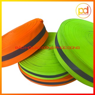 Cuộn dây phản quang 100m phát sáng may áo màu xanh chuối và cam sọc bạc - loại 2,5 cm hoặc 5cm - Có bán lẻ theo m