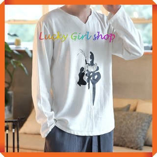[BIG SIZE ĐẾN 120KG] Áo Kiểu Nam Xô Cotton Tay Dài Cổ Tàu Xẻ V In Thư Pháp, Thêu Rồng, Cờ Việt Nam Form Rộng Mỏng Mát