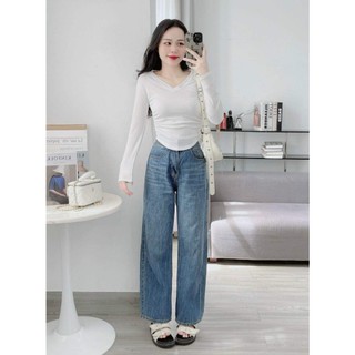 Áo thun tăm tay dài cổ tim nhúm sườn , kiểu dáng croptop cực xinh