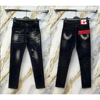 Quần jean bò nam Dsq2 4 cúc khắc logo thêu chữ đỏ ở mông wash loang rách xám cao cấp