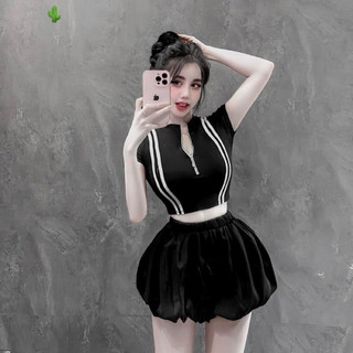 Sét bộ áo tay ngắn croptop sọc 2 bên dây kéo giữa , phối quần đùi bí trơn cực xinh