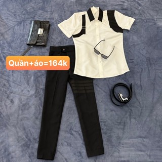 quần âu thom 4 xọc đen+ sơ mi cộc tay boy phố