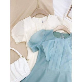 <Có sẵn> Váy voan tơ óng ngắn tay ngực phối nơ xuất Hàn