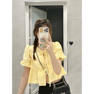 Áo babydoll tay bồng dáng ngắn dây nơ kèm áo quây