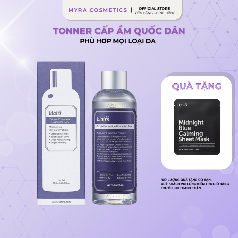 Toner Dưỡng Ẩm Dear Klairs Supple Preparation Unscented - Cân Bằng pH (180ml) - Cấp Ẩm, Dịu Da