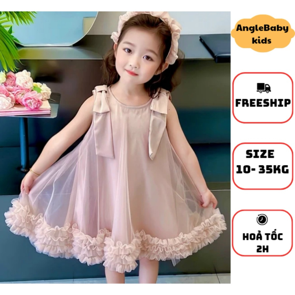 Váy Đầm thiết kế nơ hai bên vai cho bé gái kiểu dáng bồng bềnh hàng QC loại 1 đủ size từ 10-35kg