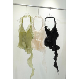 (Sẵn Ship Hỏa Tốc) Áo Cổ Yếm Đính Đá Sang Trọng Bèo Layer Tua Rua Y2K Sexy