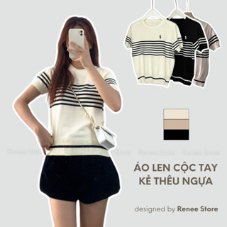 Áo thun nữ cổ tròn dệt kim thêu ngựa, áo len mỏng mongtoghi Hàn Quốc Renee Store - A1978