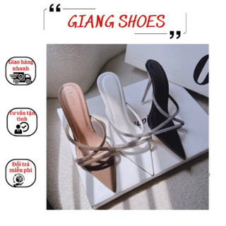 Giày gót quai xoàn ngang chéo sáng lóng lánh cao 9phân